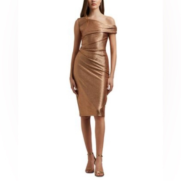 LAUREN RALPH LAUREN Shimmer Champagne Gold One Shoulder Sexy Sheath Dress NWT - Picture 1 of 8